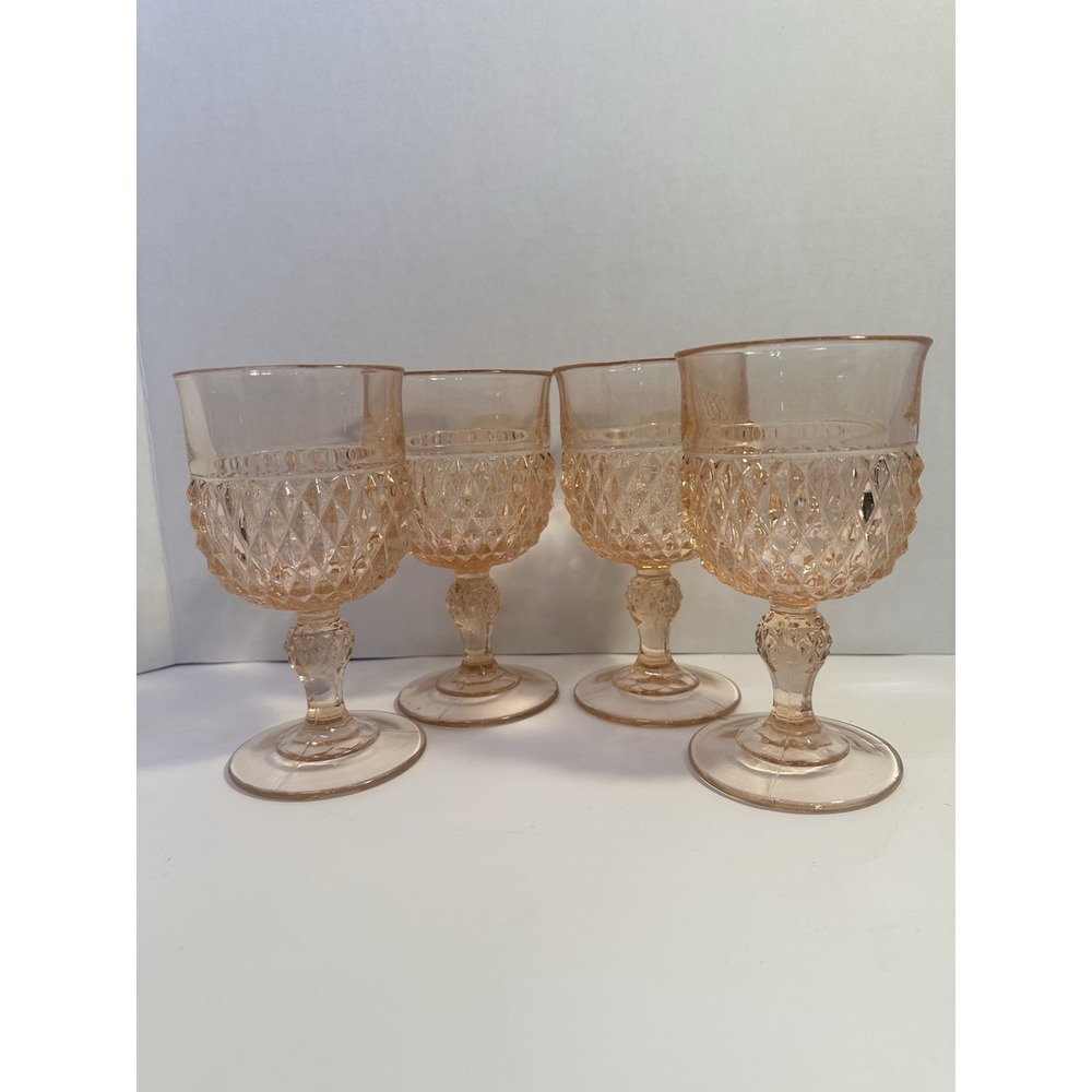 Indiana Glass Diamond Point Pink Depression Goblets Set of 4 Vtg MCM Glassware